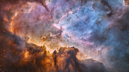 Obraz premium A stunning view of a colorful nebula showcasing vibrant shades of blue, orange, and purple against a backdrop of twinkling stars, evoking a sense of wonder.