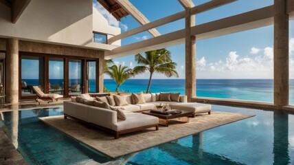 Fototapeta premium Luxury villa living room with ocean view and infinity pool.