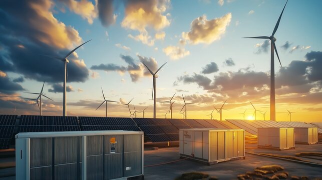 Smart battery storage unit among renewable energy sources at sunset, representing sustainability, clean power, smart grid solutions, and future energy technology innovation, Generative AI