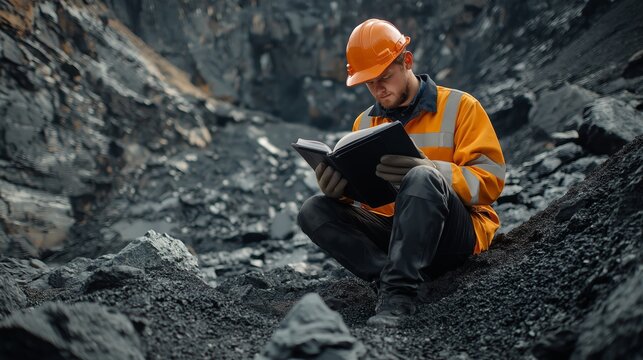 Dedicated mining engineer reading a book in a quarry, symbolizing knowledge, industry, education, professional growth, and technological progress in mining, Generative AI