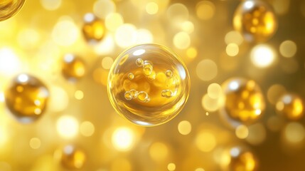 Glowing golden liquid fat sphere floating in a luminous abstract background, symbolizing luxury, purity, energy, and futuristic beauty in high detail, Generative AI