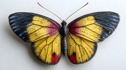 Fototapeta premium Yellow butterfly, wings spread, white background, nature study