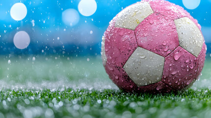 Fototapeta premium Pink and white soccer ball covered in water droplets sits on a wet green grass field during a rainy day.
