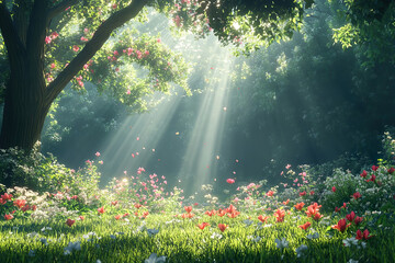 Obraz premium A beautiful natural landscape in a forest with large trees, weeds, and beautiful red wildflowers blooming in a peaceful, dense forest filled with sunlight.