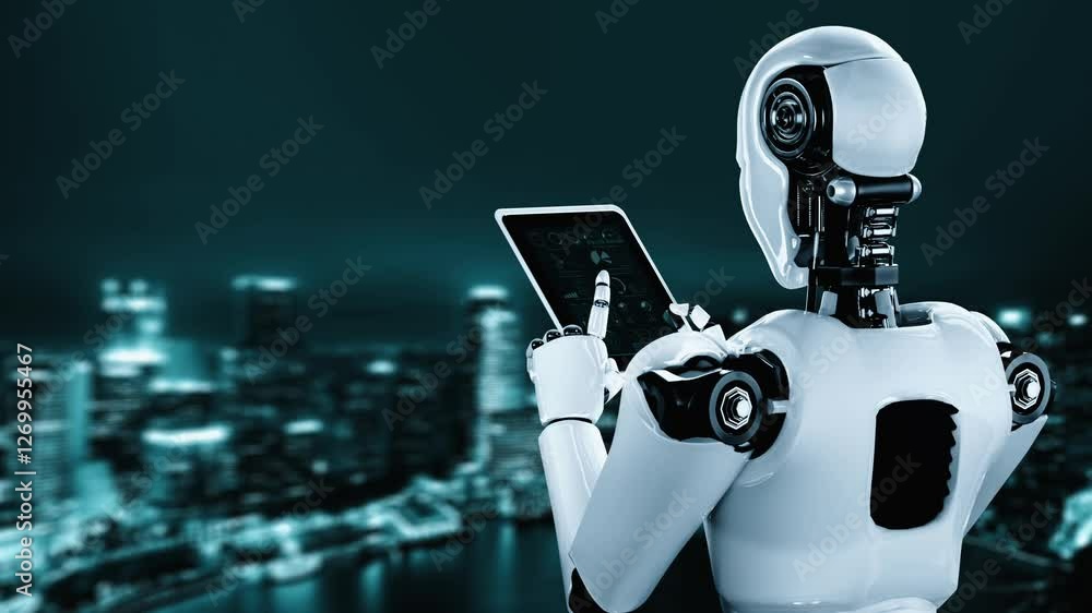 Poster futuristic robot artificial intelligence huminoid ai for industrial factory technology development a