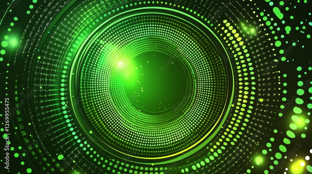 Poster Abstract digital green circular pattern with glowing dots, representing futuristic technology, data processing, and innovation in cyberspace, Generative AI