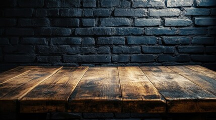 A rustic wooden table placed against a textured dark brick wall, creating a cozy and inviting atmosphere.