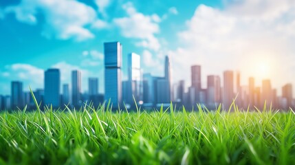 Fresh green grass in the foreground with a modern city skyline in the background, symbolizing urban nature, sustainability, and eco-friendly living, Generative AI