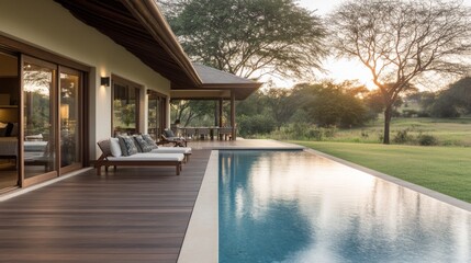 Fototapeta premium Modern home with pool overlooking savanna landscape. Possible use Vacation rental, travel inspiration
