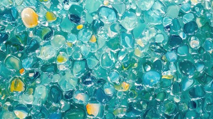 A vibrant collection of smooth, colorful glass pebbles in hues of blue and aqua create a serene and artistic texture.