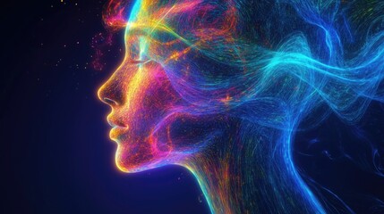 A digital portrait of a face with neon light trails symbolizing thought frequency and bioenergetic resonance