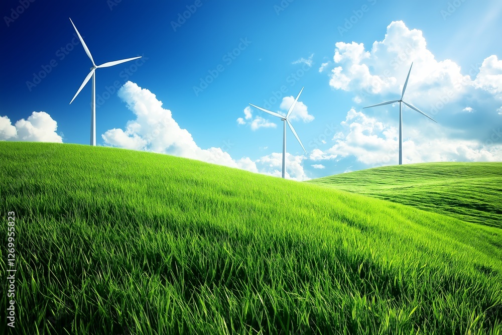 Aufkleber row of wind turbines on a green grass field under a blue sky with clouds, representing renewable ene