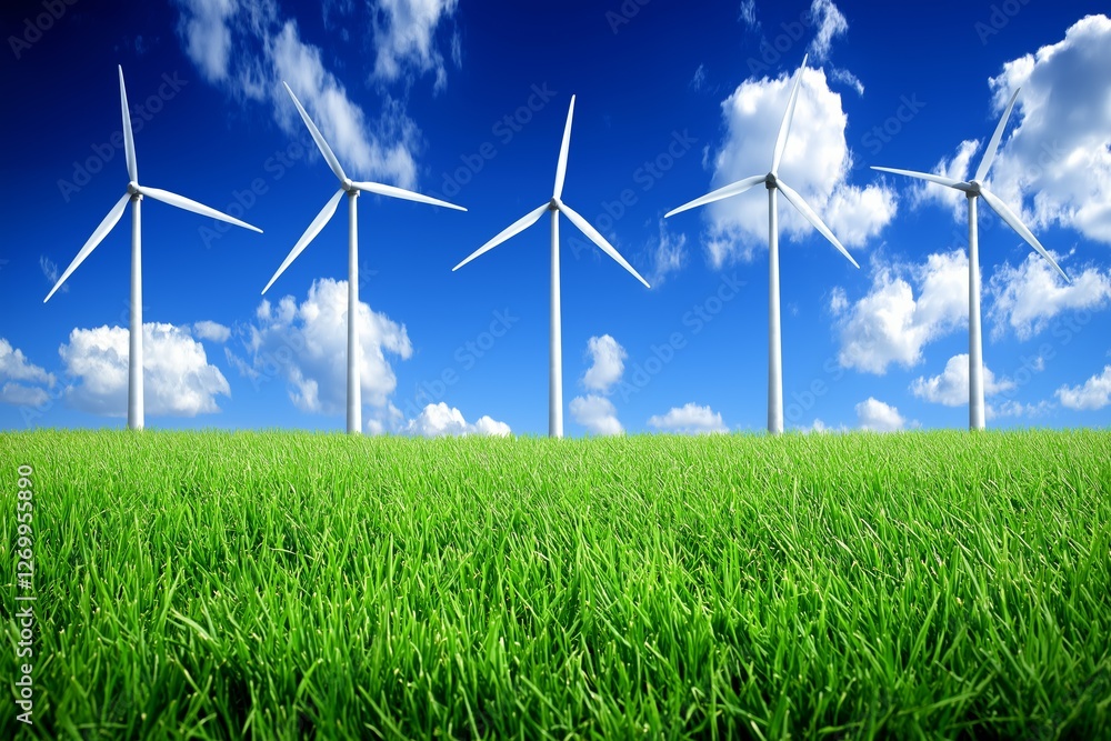 Poster row of wind turbines on a green grass field under a blue sky with clouds, representing renewable ene