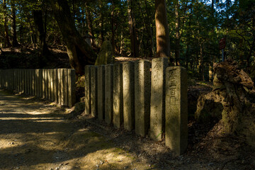 The path surrounded by steles around the Engyoji Maniden in Himeji in Asia, Japan, Kansai, Himeji,...