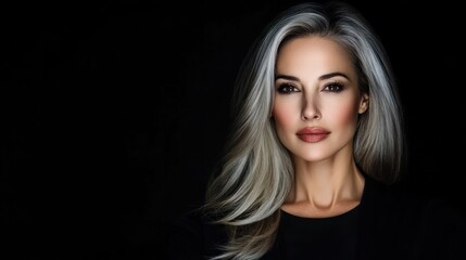 Fototapeta premium Elegant woman with gray hair poses against a dark background
