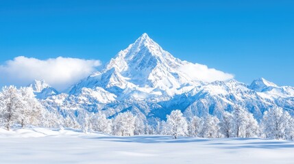 Obraz premium Majestic snow-covered mountain peak rising above a frozen forest of frosted trees under a clear blue sky in winter.