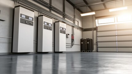 Modern battery storage units in a garage, symbolizing renewable energy solutions, sustainable power supply, and eco-friendly technology for energy independence, Generative AI