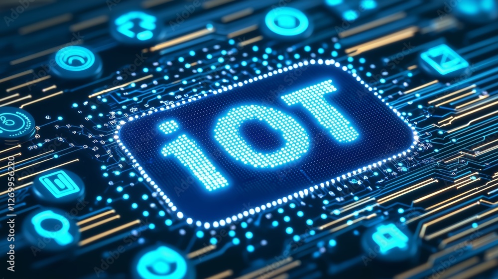 Poster Close-up of an IoT microchip on a circuit board, symbolizing smart technology, connectivity, automation, data processing, and the future of digital communication networks, Generative AI