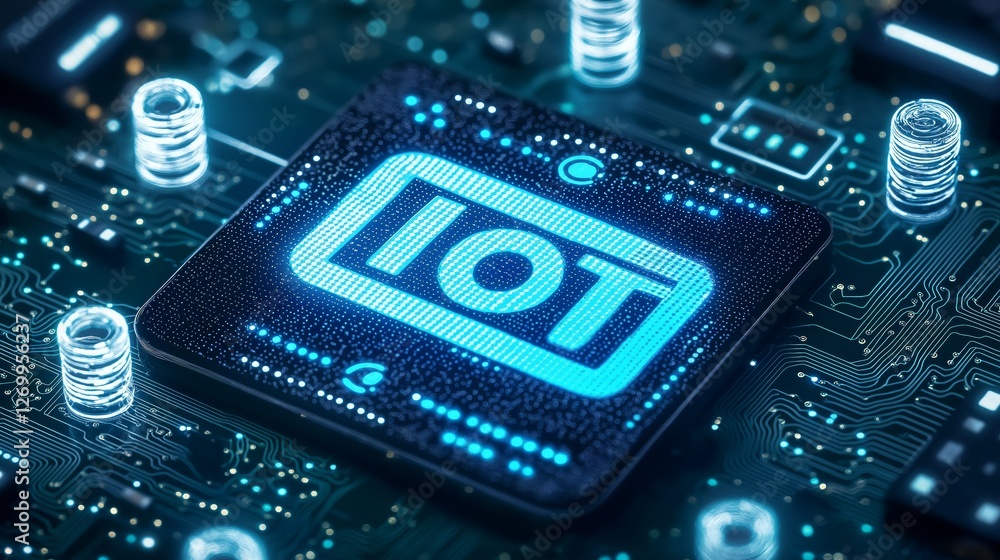 Aufkleber Close-up of an IoT microchip on a circuit board, symbolizing smart technology, connectivity, automation, data processing, and the future of digital communication networks, Generative AI