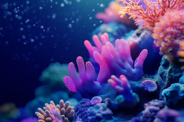 Fototapeta premium Underwater vibrant coral reef with glowing pink and blue corals, marine ecosystem beauty