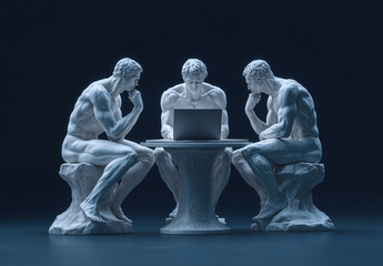 Three marble thinker statues around a laptop, classical art meets modern technology concept