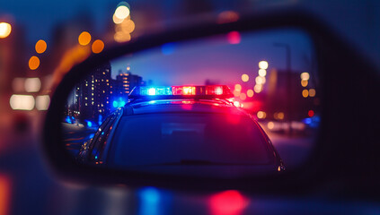 Police car with flashing red and blue lights seen through a car rearview mirror at night