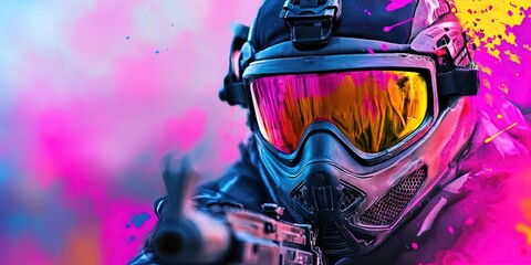 paintball tournament with participant in protective gear aiming paintball gun