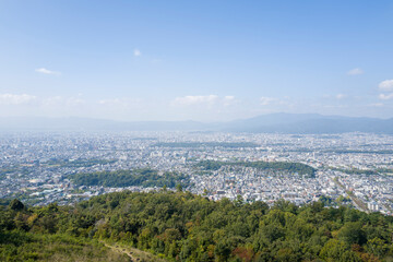 Fototapeta premium The city view from Mount Daimonji in Kyoto in Asia, Japan, Kansai, Kyoto, in summer on a sunny day.