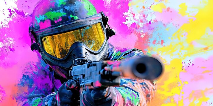 paintball tournament with participant in protective gear aiming paintball gun