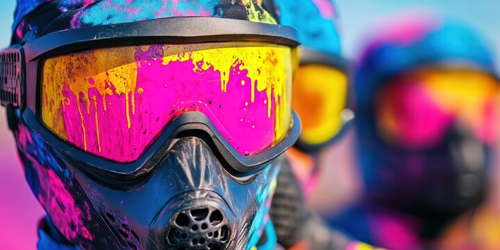 paintball tournament with participant in protective gear aiming paintball gun