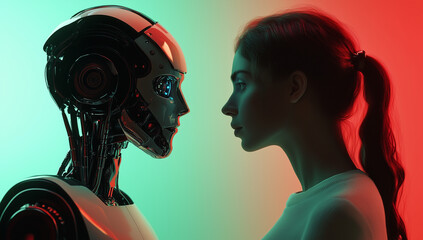 Artificial intelligence and human face-to-face interaction symbolizing AI-human relationship, ethics of robotics, machine learning, and the future of technology integration