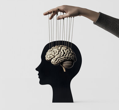 Concept of mind control with puppet strings manipulating human brain silhouette, representing influence, manipulation, psychology, propaganda, and behavioral science