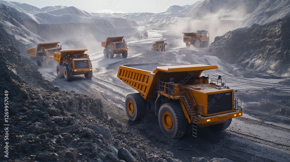 Poster large mining dump trucks operating in an open-pit excavation site, symbolizing heavy industry, raw m