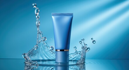 Skincare product displayed with splashing water against a blue background
