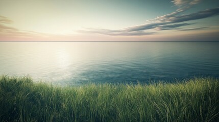 Obraz premium Serene Coastal Sunset View: Lush Grass Meets Tranquil Ocean