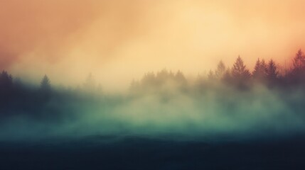 Obraz premium A serene landscape featuring a dense forest shrouded in mist during twilight, creating a mystical atmosphere.