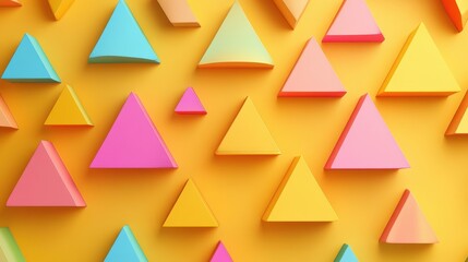 A vibrant arrangement of colorful triangular shapes in various sizes against a bright yellow background, creating a lively and playful atmosphere.