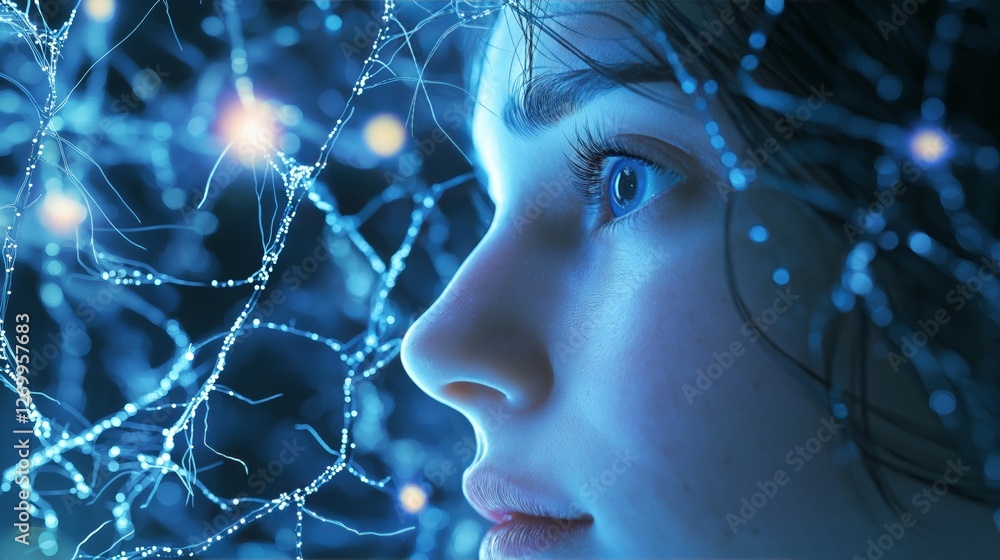 Poster neural network with a human face, symbolizing artificial intelligence, cognitive evolution, neuroscience, and the deep connection between human and machine intelligence, Generative AI