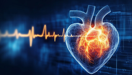 Glowing digital heart with a heartbeat pulse line, symbolizing medical technology, cardiology advancements, artificial intelligence in healthcare, life-saving innovations, and modern biomedical resear