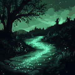 <Magical Night River Glow: Enchanted Forest Landscape Under Moonlight with Starry Reflection>