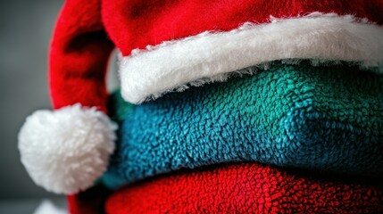 A vibrant arrangement of soft, colorful towels topped with a festive red Santa hat, creating a cozy holiday atmosphere.