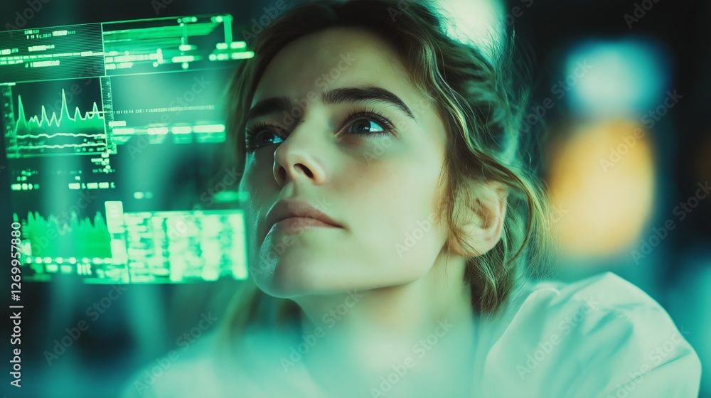 Poster Focused woman analyzing holographic data projections, representing artificial intelligence, future technology, and advanced digital analytics in a high-tech environment, Generative AI