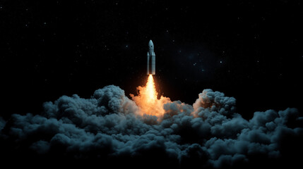 Obraz premium Rocket launching into dark space with dramatic clouds and fire, symbolizing exploration, innovation, and scientific advancement