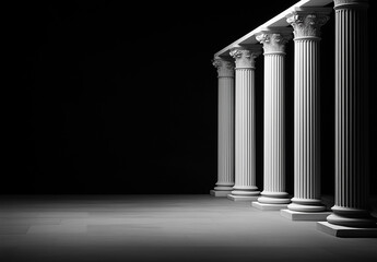 Copy space and Row of classical white columns fading into darkness, symbolizing history, strength, and architectural legacy