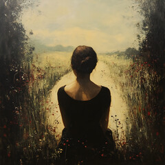 Tranquil Woman in Black Dress Silhouette: Dreamlike Reflection Amidst Scenic Field of Flowers at Sunset
