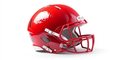 Glossy red football helmet adorned with a black facemask, set against a pristine white backdrop, radiates vibrant colors and a sleek design that embodies American sports pride