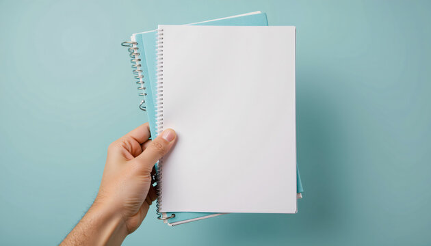 Woman holding blank notebook on blue background for stationery and branding mockup