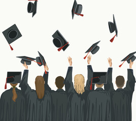 graduation figures standing from behind gestrues throwing caps hats university college diplom traditional celebration ceremony school robe vector flat illustration isolated on white background