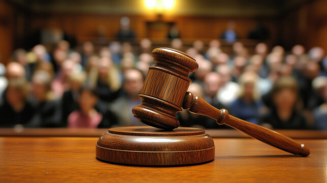Wooden judge gavel on courtroom desk with blurred jury in background, concept of justice, legal system, and law enforcement