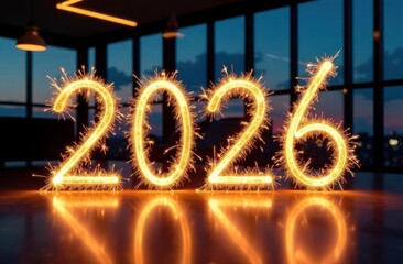 2026 sparkler numbers celebrating new year in modern office